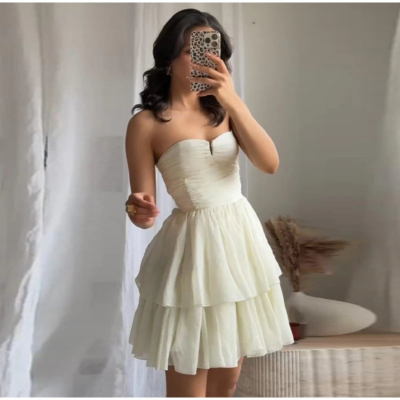 Aiertu  -  Women Strapless Dress Spring Pleated Tierred Women's Dress Sexy Backless Dress Female Chic Midi Dress Casual Beach Lady Vestido Aiertu