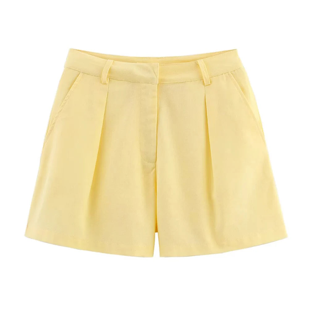 Aiertu  -  Age Reduction Light Yellow Round Neck Sleeveless Short Vest Pleated Design Short Pants Women Suit Set ZATT 2025 Summer New Aiertu