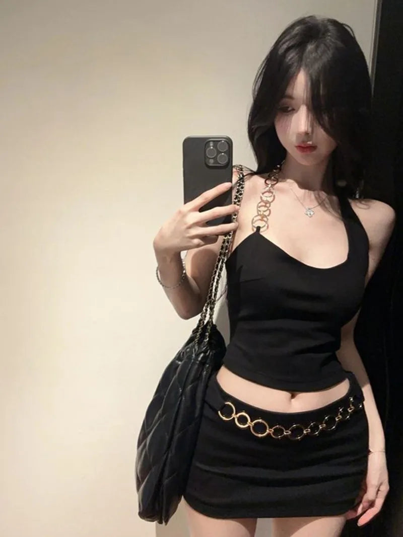 Aiertu  Hot Girl Sexy Suit Women's Metal Ring Irregular Halter Neck Vest Top Wrap Hip Short Skirt Two-piece Set Fashion Female Clothes Aiertu