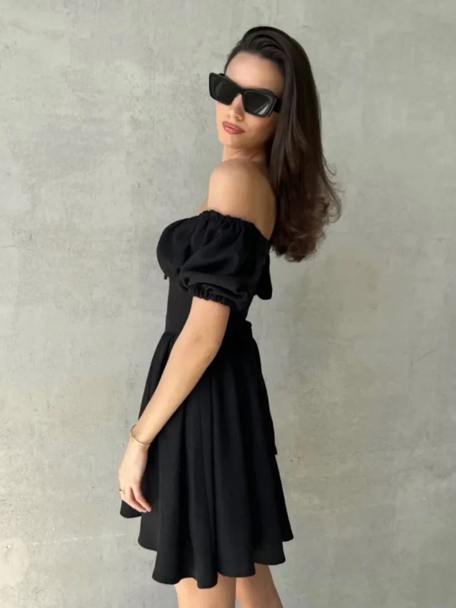 Aiertu  -  Summer White Off Shoulder Mini Dress for Women Elegant Fashion Slash Neck Puff Sleeve Holidays Party Dresses 2025 New Aiertu