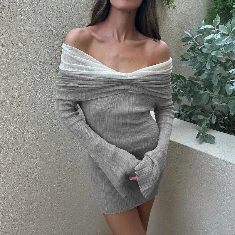 Aiertu  -  Sexy One-Shoulder Color Block Knitted Dress Female Long-Sleeved Slim Thin Sweater Mini Dress Backless Party Club Outfits Aiertu