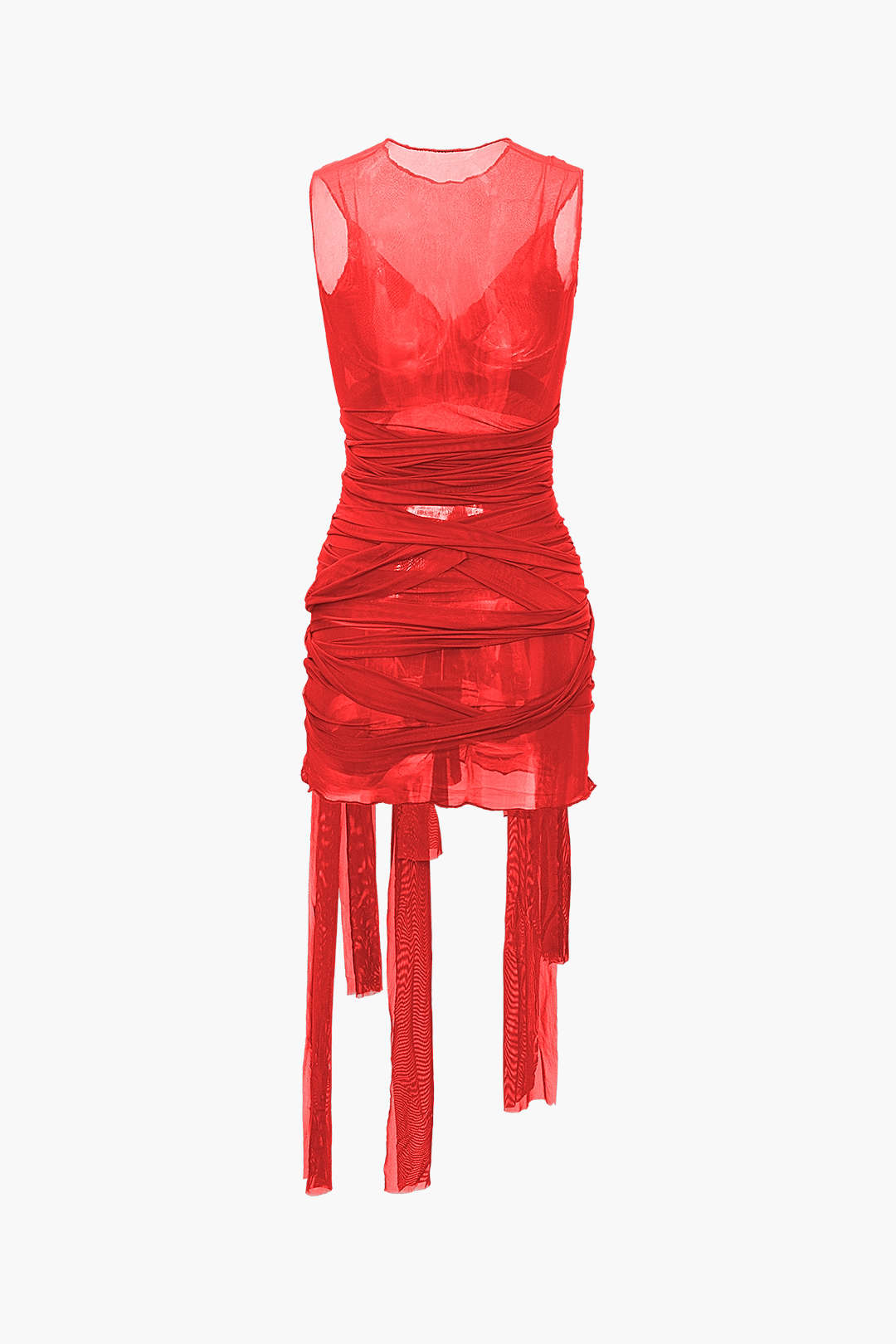Aiertu  Sheer Mesh Wrap Tie Ribbon Mini Dress Aiertu