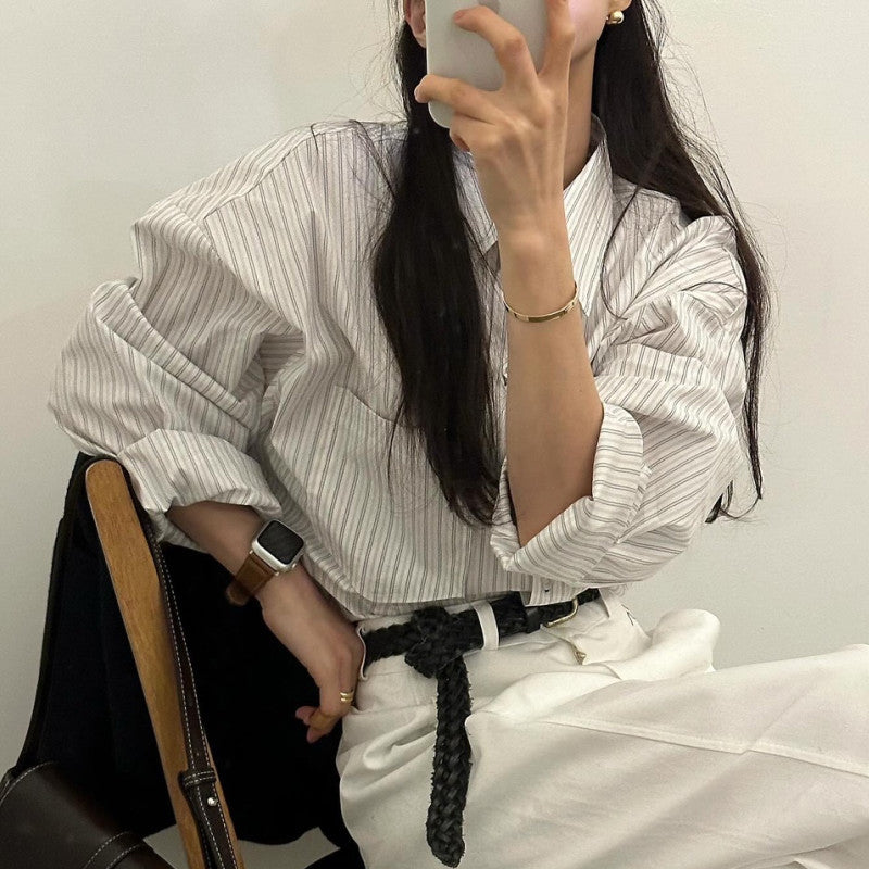 Aiertu Elegant Striped Shirts Women Vintage Long Sleeve Pocket Blouses Spring Ladies Korean Single Breasted Design Casual Tops Aiertu