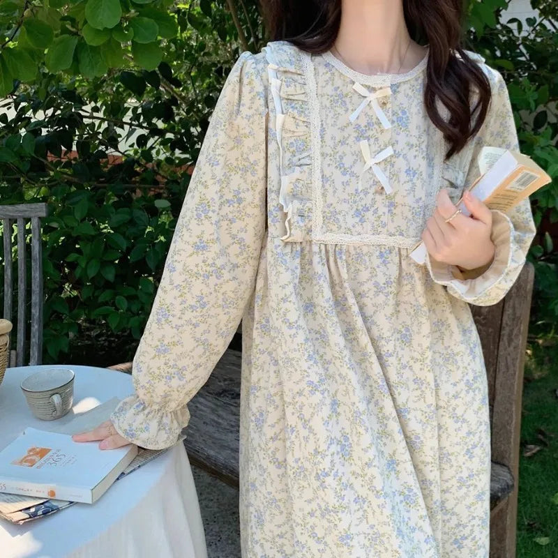 Aiertu Long Sleeve Nightgowns Women Floral Bow Temper Autumn Home Cozy Aesthetic O-neck Prairie Chic All-match Sleepwear Korean Style Aiertu