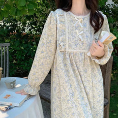 Aiertu Long Sleeve Nightgowns Women Floral Bow Temper Autumn Home Cozy Aesthetic O-neck Prairie Chic All-match Sleepwear Korean Style Aiertu
