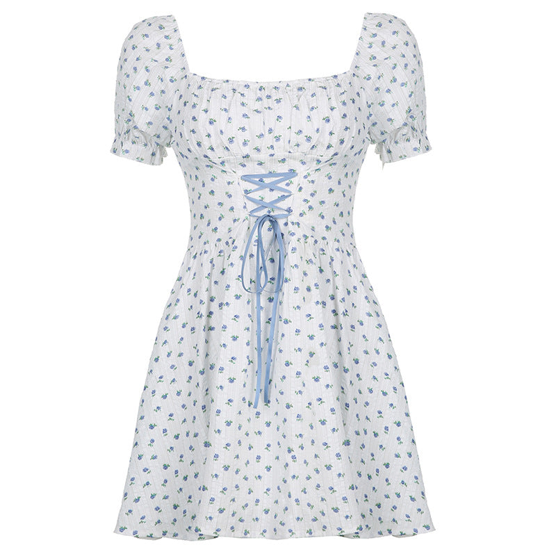 Aiertu - Tie Front Floral Puff Sleeve Mini Dress Aiertu