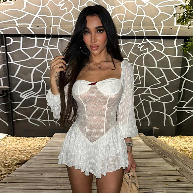 Aiertu  -  Bows Lace Stapless Dress For Women See Through Sexy Long Sleeve Mini Dress Splice Sweet Slim Pleated Dress High Waist Aiertu