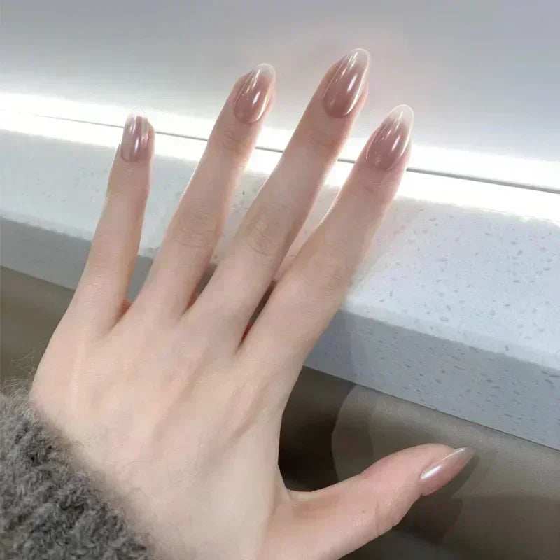 Aiertu 24Pcs Short False Nails Aurora Cat Eye with French Design Simple Metallic Full Cover Wearable Chrome Press on Fake Nails Tips Aiertu