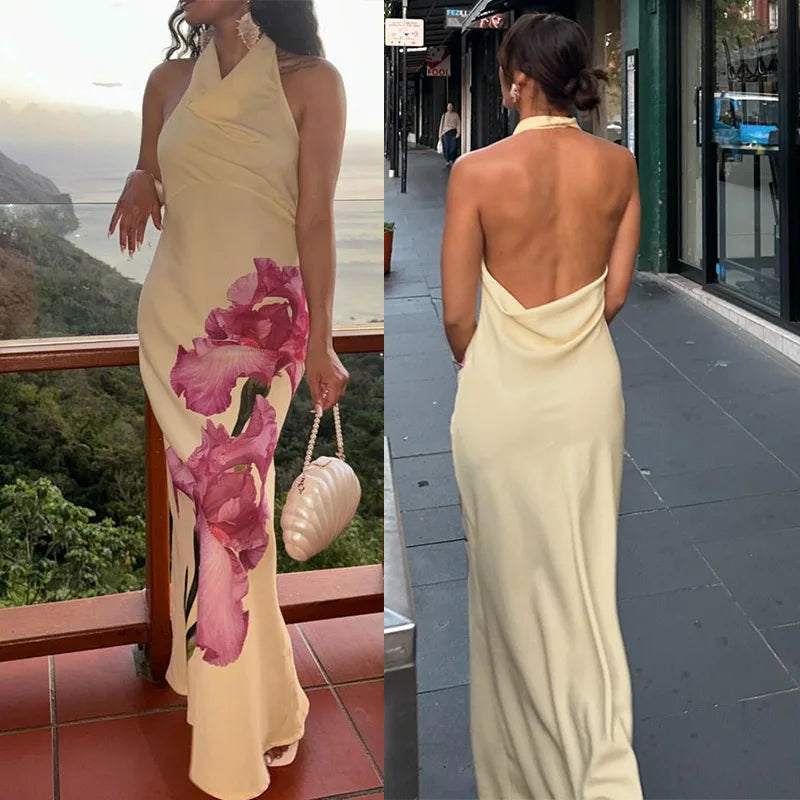 Aiertu  -  Retro Print Hang Neck Long Dress Women Elegant Sleeveless Backless Female Dresses Summer Sexy Slim Lady Evening Party Robe Aiertu