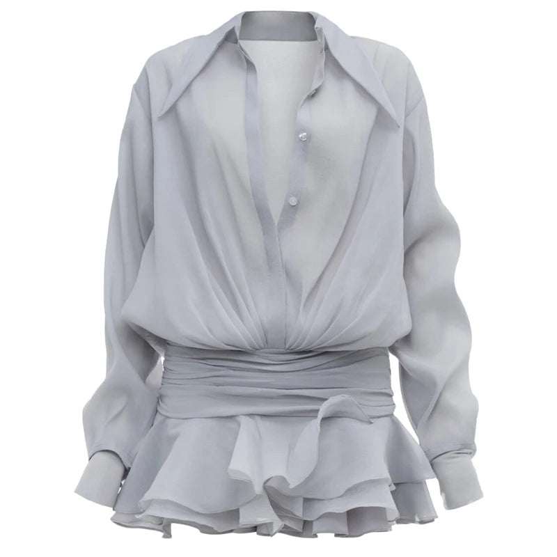 Aiertu  -  New White Chiffon Dress For Women Casual Ruffled Pleated Mini Dress See-through Loose Oversized Shirt Dress Cover-Up 2026 Aiertu