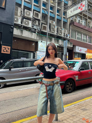 Aiertu  Knee-long Women Denim Shorts Gradient Blue Wash Cropped Jeans Straight Wide Leg Casual Pants Y2k Vintage Streetwear Aiertu
