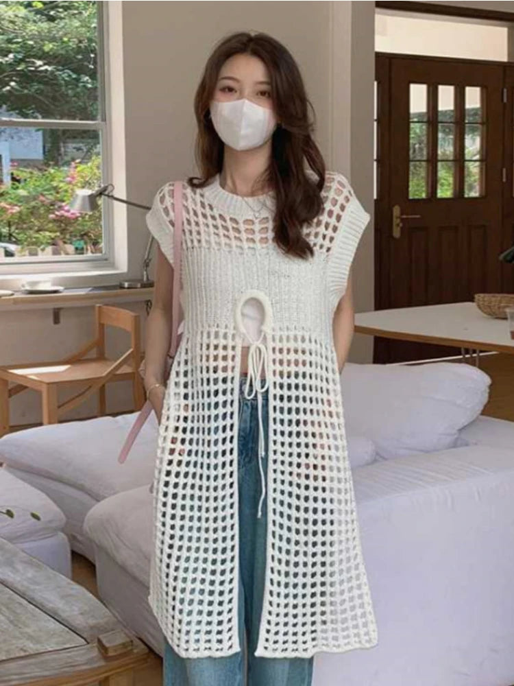Aiertu  -  Summer Hollow Out Knitted Bandage Women's Dress Loose Casual Streetwear Tank Dresses Sexy Y2k Aesthetic Korean Vestido De Mujer Aiertu