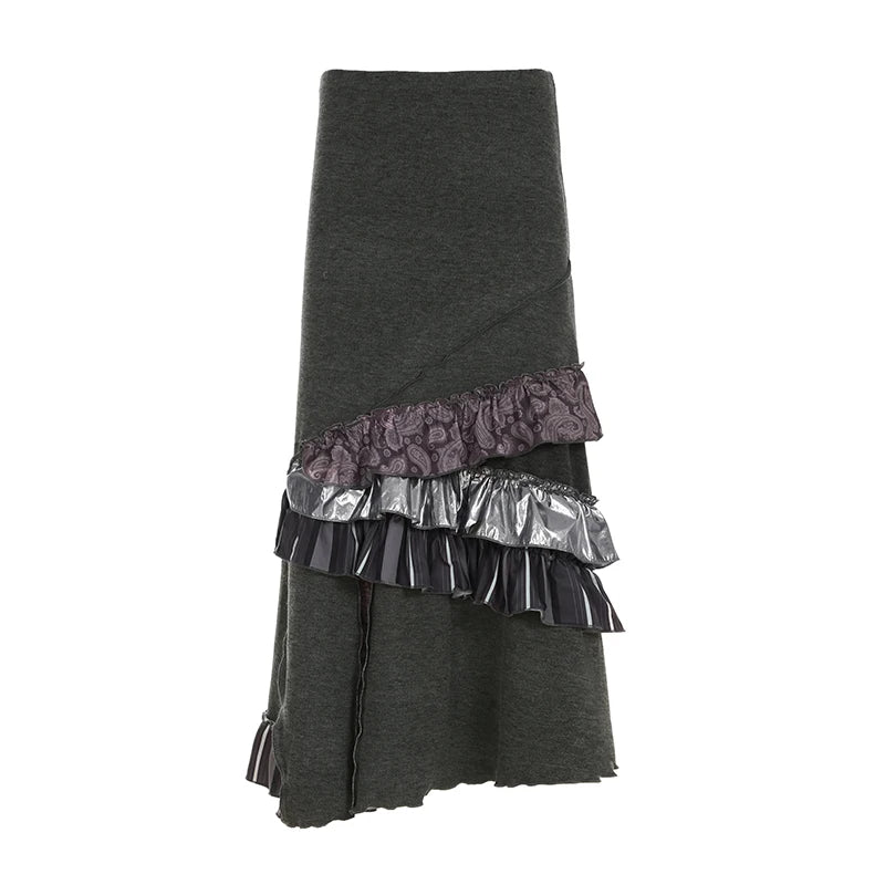 Aiertu  -  Irregular Ruffled Design Knitted Long Skirt Y2K Aesthetic Women Stylish Winter Skirts Vintage Chic High Street Outfit Aiertu