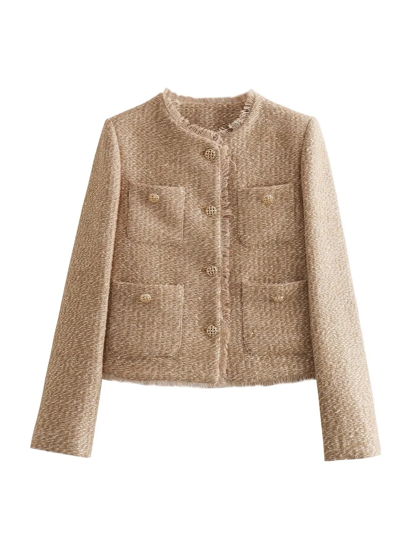 Aiertu  -  Tweed Woolen Khaki Short Blazer Jacket Pockets Tassel Office Lady Vintage Slim Elegant Coat Women Autumn Winter New Aiertu
