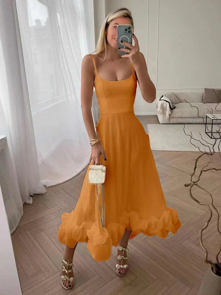 Aiertu  -  Elegant Party Evening Maxi Dresses for Women Spaghetti Strap Backless Sexy Long Summer Dress Ruffles Aline Dress Aiertu
