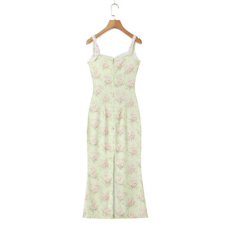 Aiertu  -  French Style Floral Print Sling Dress Women Sexy Slit Holiday Summer Dresses Elegant Lady Prairie Chic Party Robe Midi Vestidos Aiertu