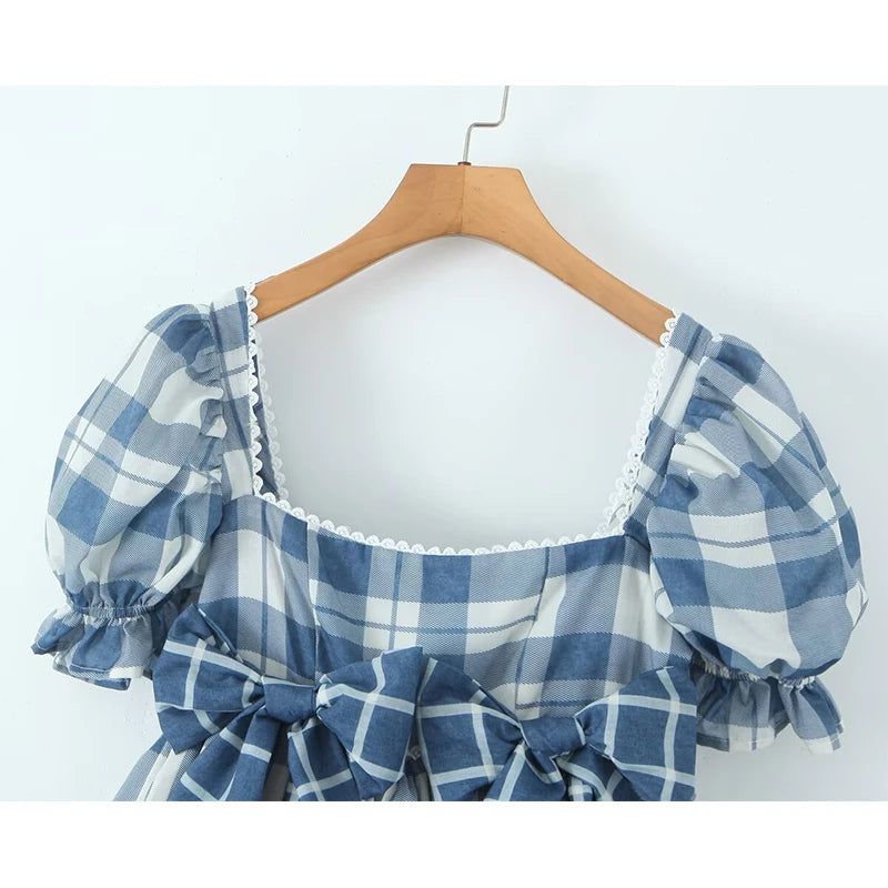 Aiertu  -  Women Bow Plaid  Ball Gown Mini Dress Vintage Puff Sleeve Square Neck Elegant Summer Dresses Party Robe Aiertu