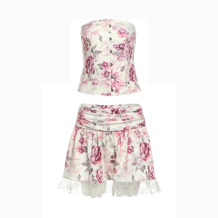 Aiertu  -  Sweet 2Piece Set Women Flower Print Single-Breasted Metal Buckle Wrap Mini Top+Patchwork Lace Folds Skirt Matching Suits Aiertu