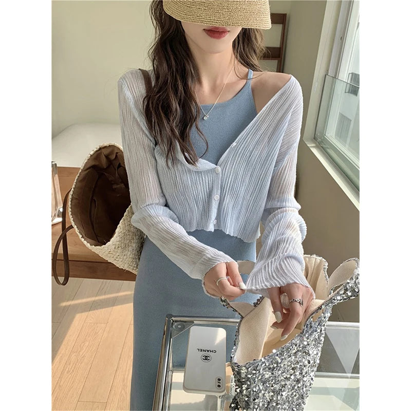 Aiertu Women Cropped Sun Proof Shirts White V Neck Long Sleeve Blouses Summer Korean Fashion Black Sun Protection Cardigan Tops Aiertu