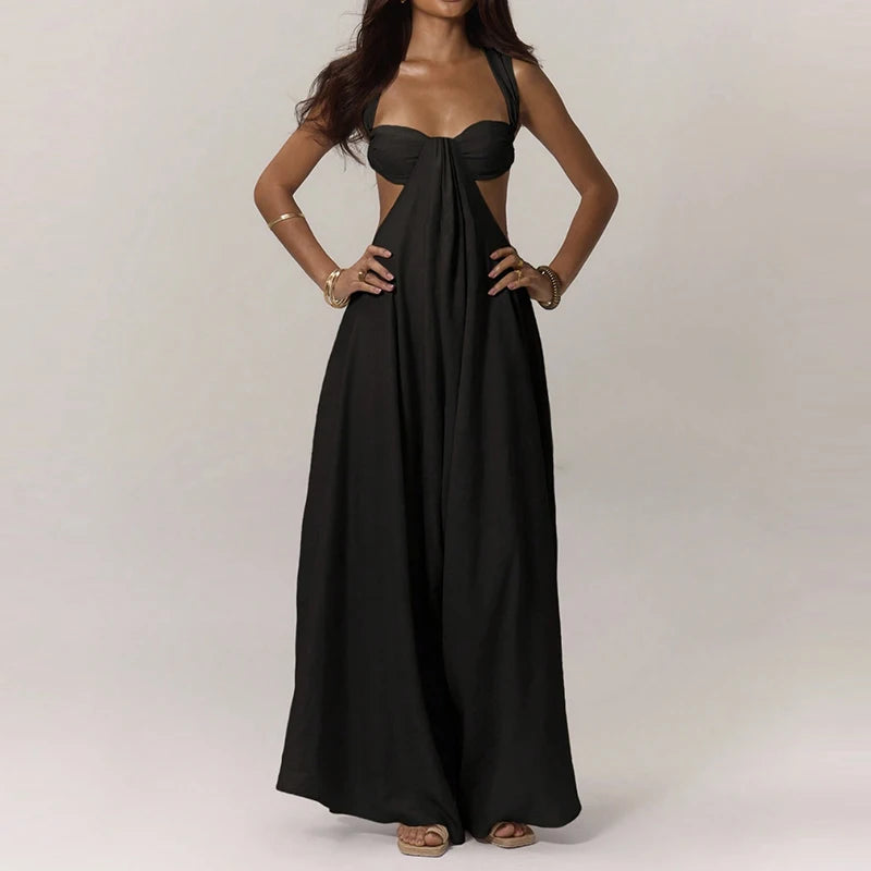 Aiertu  -  Women Elegant Hollow Backless Solid Color Long Romper Sexy Off Shoulder Party Jumpsuit Casual Sleeveless Wide Leg Loose Playsuit Aiertu