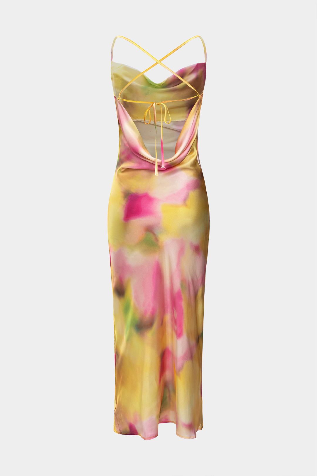 Aiertu  Satin Tie Dye Print Cowl Neck Tie-Up Backless Sleeveless Midi Dress Aiertu