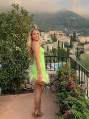 Aiertu  -  Sexy Green Print Feather Hem Bodycorn Sling Dress Women Sleeveless Backless Mini Dresses Female Chic Party Club Evening Vestidos Aiertu