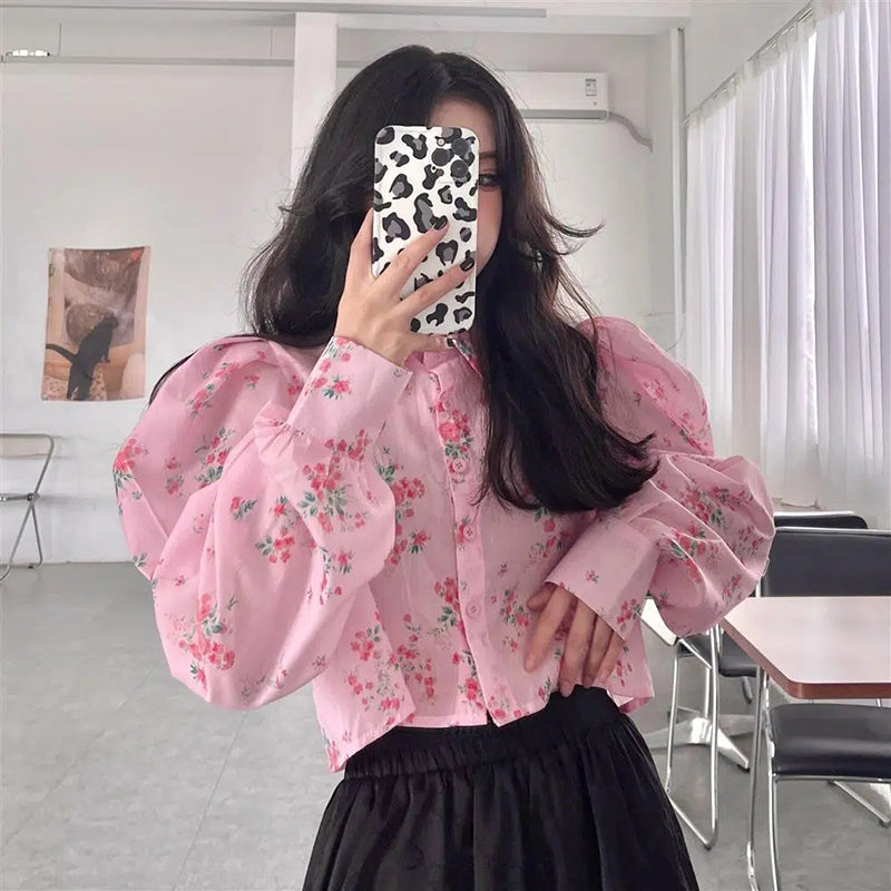 Aiertu Y2K Printing Shirt Korean Sweet Puff Sleeve Crop Tops Fashion Turn Down Collar Long Sleeve All Match Harajuku Blouses New Aiertu