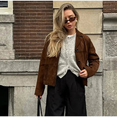 Aiertu  -  Vintage Suede Short Jackets Women Casual Lapel Single-breasted Long Sleeve Coat 2026 Autumn New Female Chic Brown Tops Outwear Aiertu