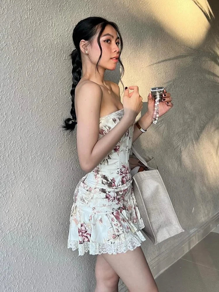 Aiertu  -  Sweet 2Piece Set Women Flower Print Single-Breasted Metal Buckle Wrap Mini Top+Patchwork Lace Folds Skirt Matching Suits Aiertu