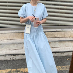 Aiertu  New Women Summer Vintage 2 Two Pieces Skirt Set Puff Sleeve Crop Top with Elastic High Waist Long Skirts Aiertu