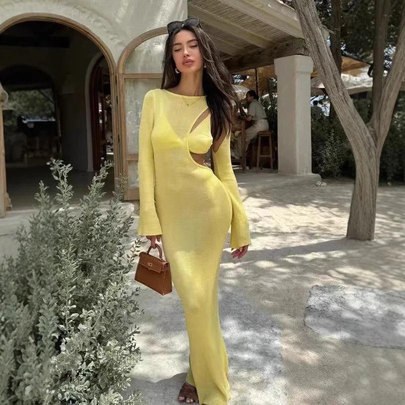 Aiertu  -  New Spring Sexy Holiday Cut Out Maxi Dress for Women Long Sleeve Beachwear Dresses Yellow Knitted Skinny Elegant Vestidos Aiertu