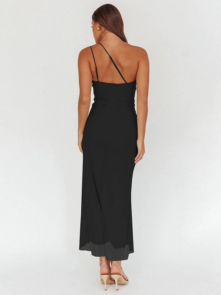 Aiertu  -  Chic Diagonal Collar Ruffles Asymmetrical Long Dress Women Summer One Shoulder Sleeveless Backless Split Vacation Party Dresses Aiertu