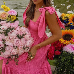 Aiertu  -  Sexy Off Shoulder Bow Tie-up Suspenders Dress Women Fashion Hight Waist Pleated Solid Long Dress Elegant Temperament Swing Dress Aiertu