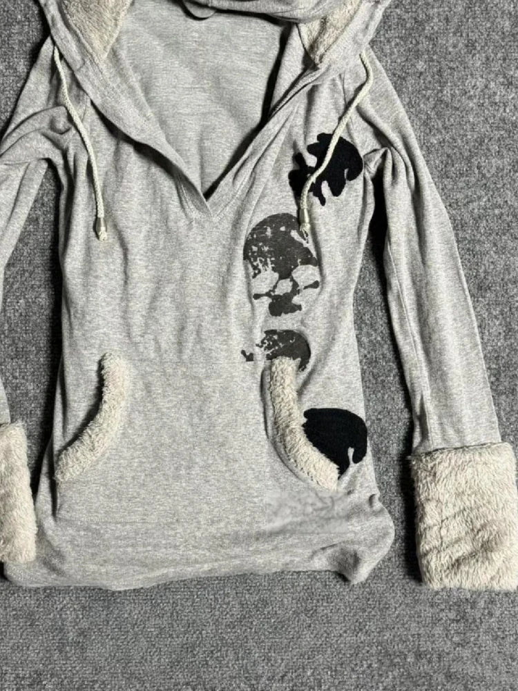 Aiertu  -  Y2k Aesthetic Print Fur Patchwork Hoodie Women Streetwear Drawstring Hooded Tops Harajuku Sweatshirt Slim Grunge Pocket Hoody Aiertu