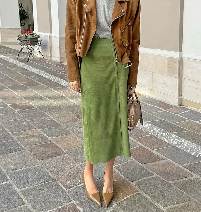 Aiertu  -  New Green Suede Chic Autumn Women Skirt Zipper High Waist Fashion Long Skirts Slit Eleagnt Lady Straight Skirt Winter New Aiertu
