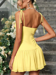 Aiertu  -  Summer Sleeveless Lace-up Backless Dress Women Elegant Pleat Mini Vestidos Casual Party Beachwear Yellow Ruffled Sling Chic Aiertu