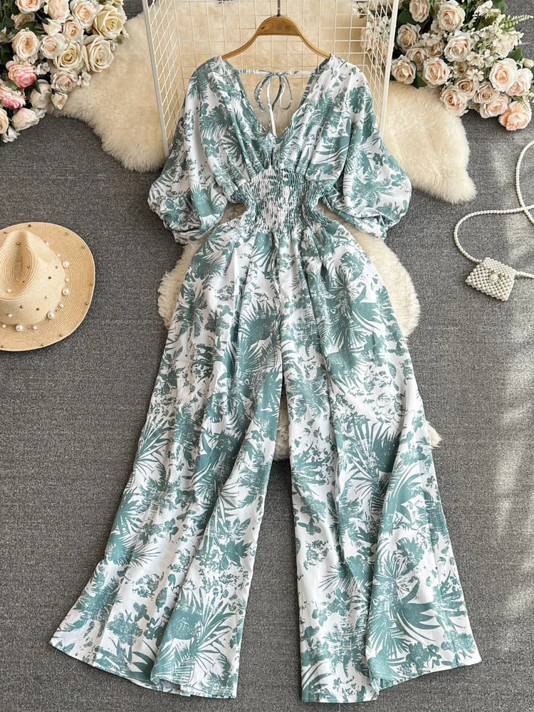 Aiertu Summer Women Sexy V-Neck Puff Sleeve Printed Romper Female Black/Red/Blue/Yellow Wide Leg Jumpsuits Vacation Beach New Fashion Aiertu