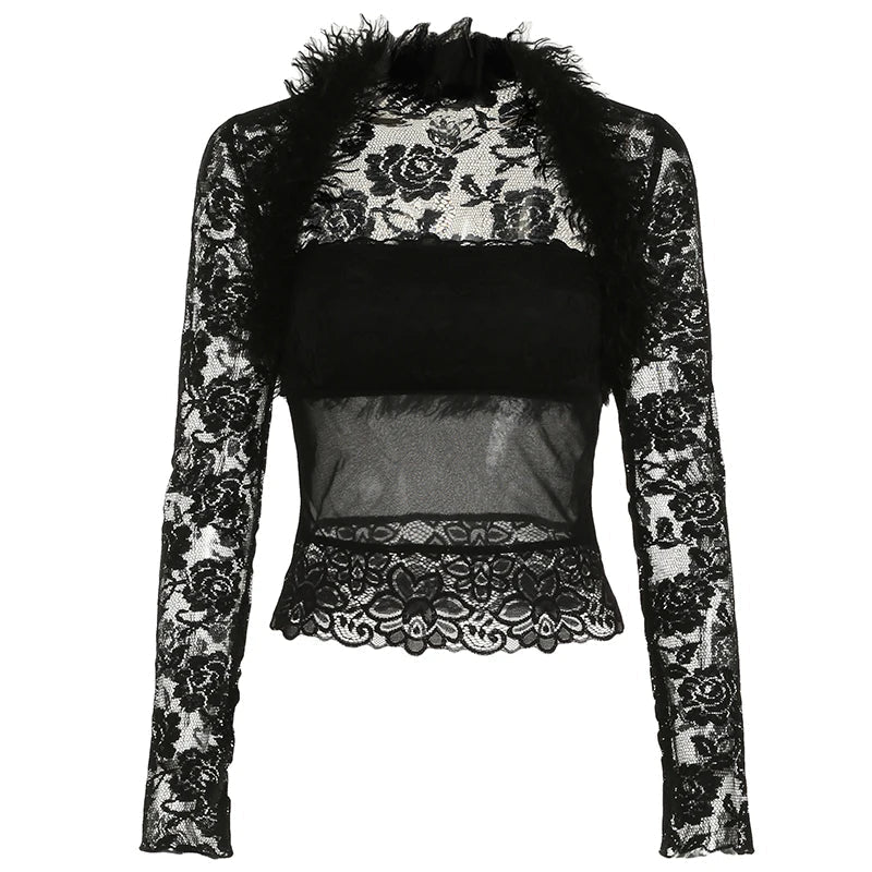 Aiertu  -  party look snspos Y2K Black Lace Patchwork Fur Two Piece Set Transparent Sexy Tube Top and Long Sleeve Smock  Matching Sets Lady Spring Aiertu