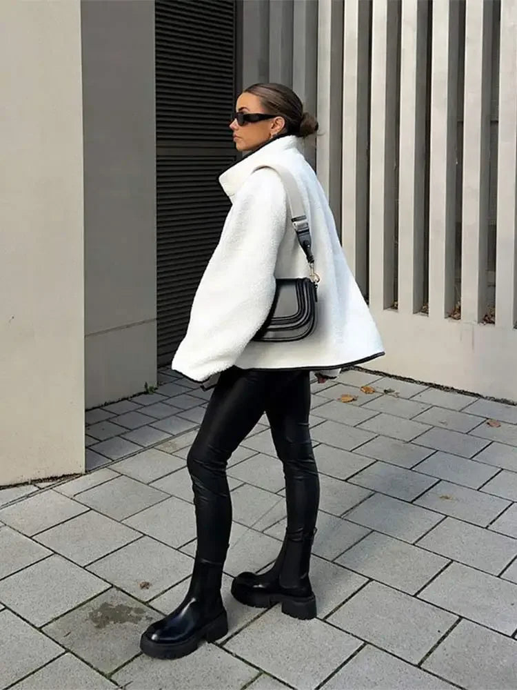 Aiertu  -  Fashion Contrast Lamb Wool Jacket  Women Casual Single Breasted Stand Collar Long Sleeves Thick Coat Autumn Winter Lady Outwear Aiertu