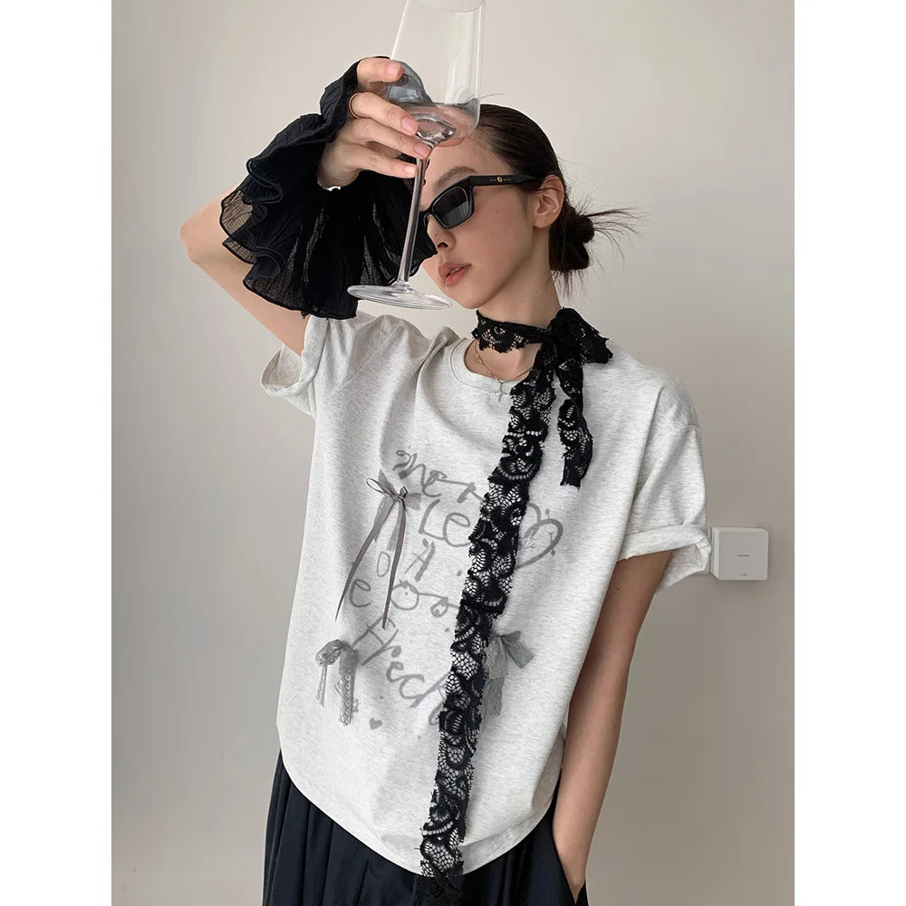 Aiertu  -  Summer new Korean loose letter printing lace bow decoration loose round neck short-sleeved T-shirt Aiertu
