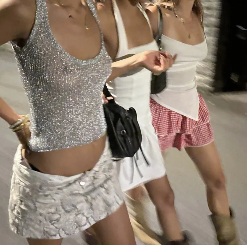Aiertu  -  Summer Sliver See-Through Glitter Knitted Tank Tops Women Sexy O-neck Loose Sleeveless Vest Y2K High Street Tops 2025 New Aiertu