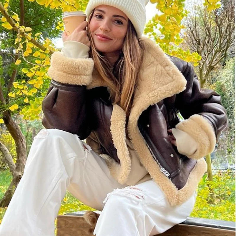 Aiertu  -   New Autumn Winter Women Faux Lamb Fur Short Jacket Vintage Female Moto Biker Zipper Thick Warm Coat Fleece Outwear Aiertu