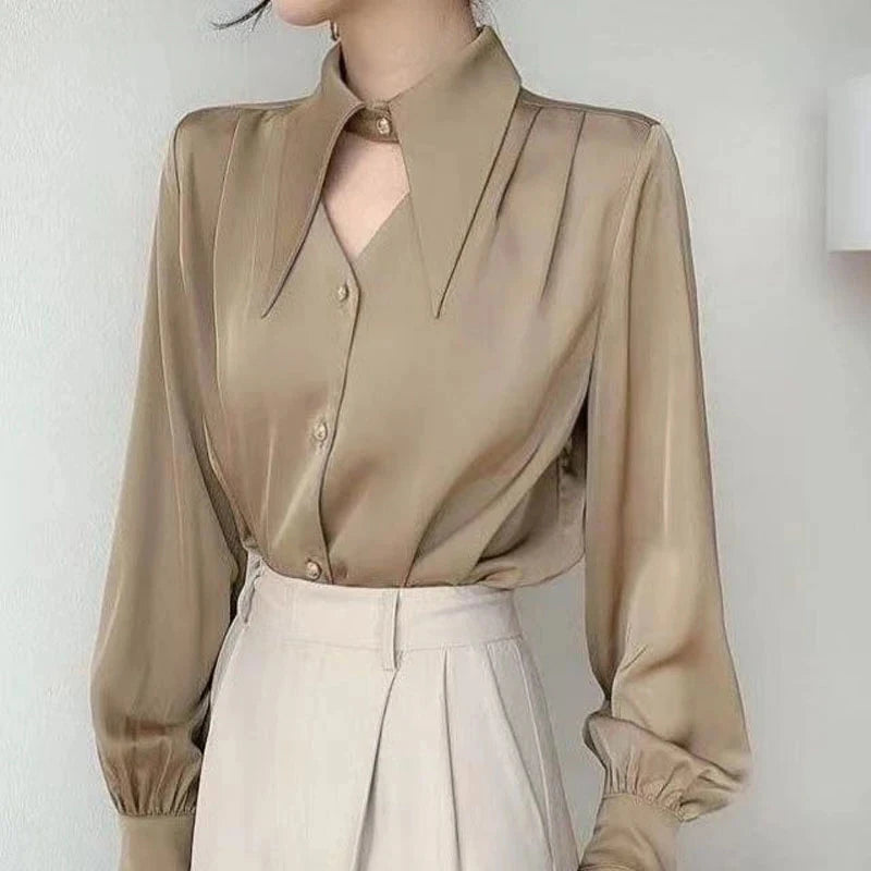 Aiertu Elegant Chic Shirts Women Turn Down Collar Long Sleeve Hollow Out Blouse Office Lady Spring Korean Ol Solid Button Tops Aiertu