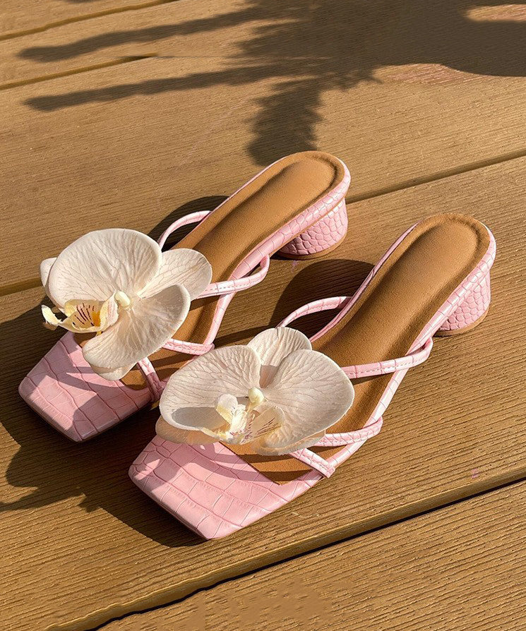 Aiertu  Pink Floral Splicing Chunky Slide Sandals Peep Toe Aiertu