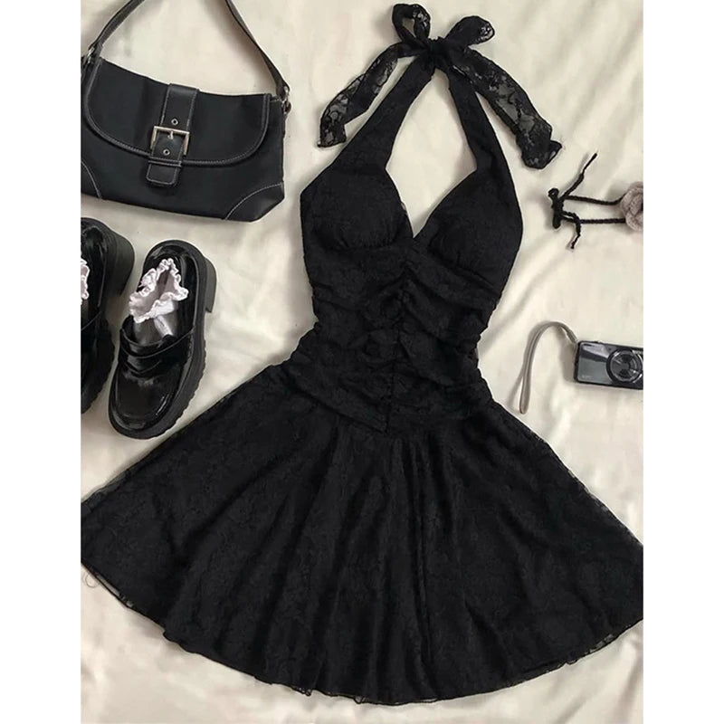 Aiertu  -  Vintage Black Mini Dress Women Party Sexy Halter Lace Dresses Korean Folds Backless Sundress Summer Bodycon Vestidos New Aiertu