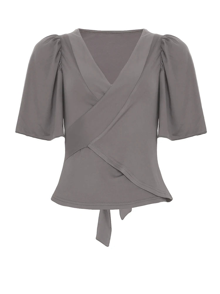 Aiertu  -  Elegant Solid Crop Top Sexy Cross Deep V-neck Half-sleeve T-shirt Slim-fitting Bandage Bow T-shirt Women Vintage y2k Tee Aiertu