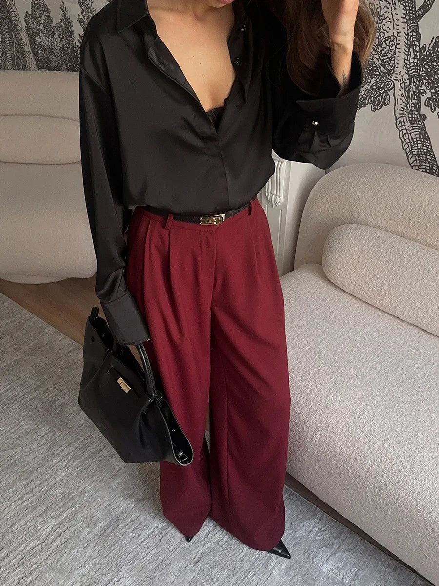Aiertu  -  Burgundy Wide Leg Pants Women's Pocket Pleated Trousers Fashionable High Waisted Casual Loose Pants  Spring Summer New Aiertu