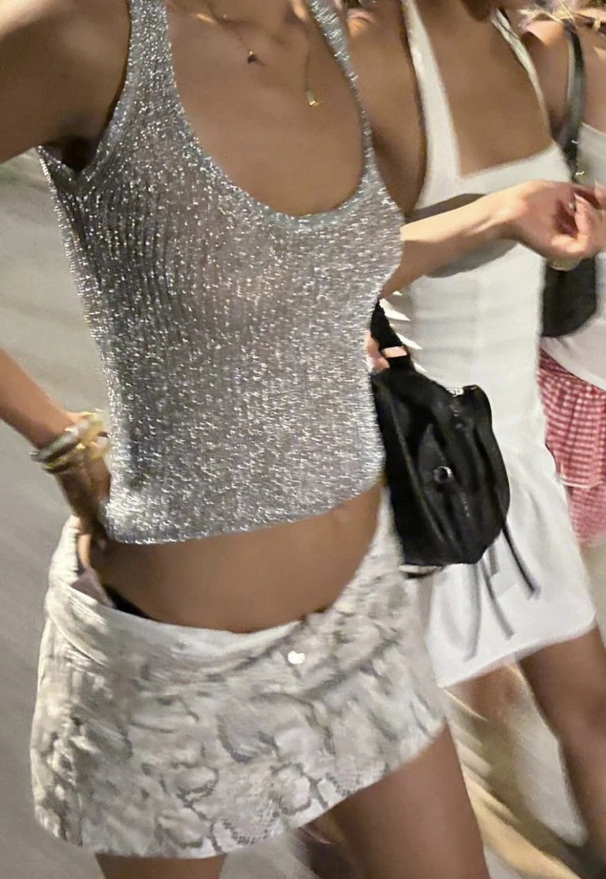 Aiertu  -  Summer Sliver See-Through Glitter Knitted Tank Tops Women Sexy O-neck Loose Sleeveless Vest Y2K High Street Tops 2025 New Aiertu