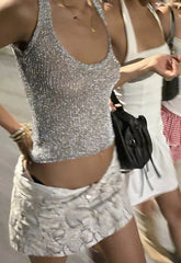 Aiertu  -  Summer Sliver See-Through Glitter Knitted Tank Tops Women Sexy O-neck Loose Sleeveless Vest Y2K High Street Tops 2025 New Aiertu