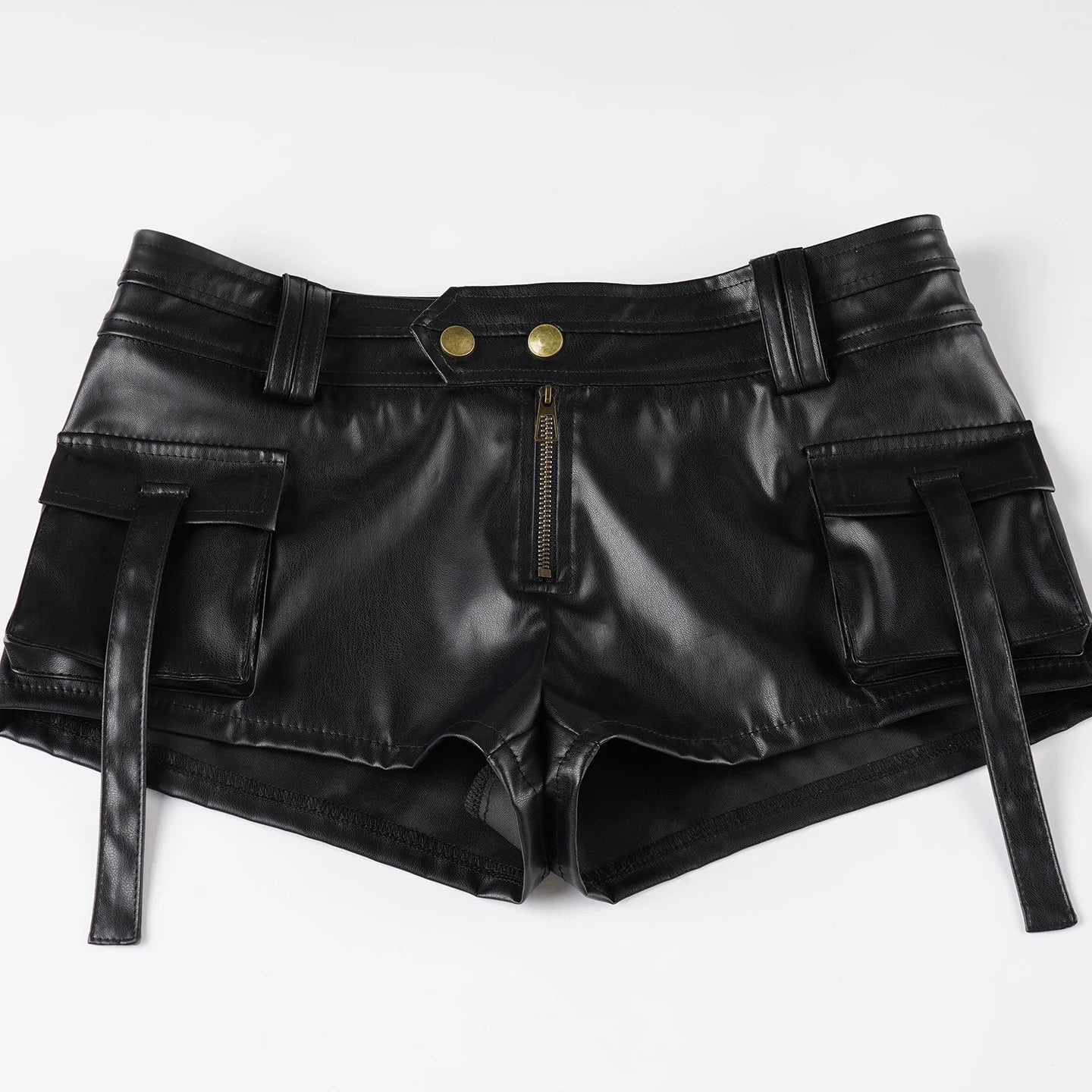 Aiertu  -  Punk Style Black Leather Shorts Solid Skinny Button-up Low Rise Pockets Patchwork Cargo Shorts Women Summer Streetwear Aiertu